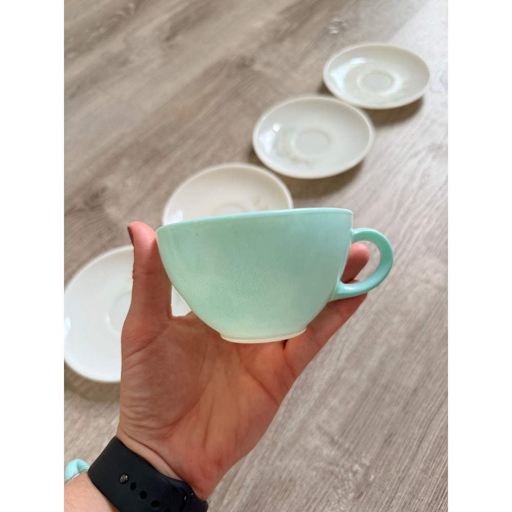 Vintage Pyrex Family Flair Aqua Cups‎ and Pine Needle Saucers Set of 6 - Picture 7 of 9